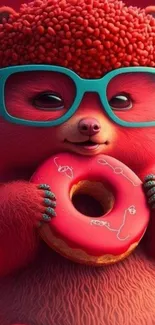 Cartoon bear with teal glasses holding a donut on a red background.