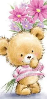 Cute teddy bear with pink flowers mobile wallpaper.