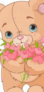 Adorable cartoon bear holding pink heart-shaped flowers.