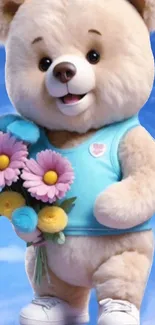 Cute bear holding flowers against a blue sky.