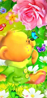 Cute bear with colorful flowers and butterflies on green wallpaper.