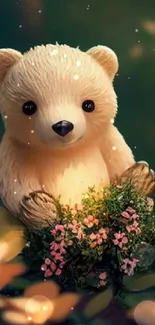 Cute bear with flowers mobile wallpaper in a nature setting.