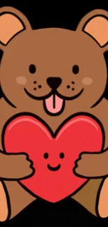 Cute cartoon bear holding a heart on a black background.