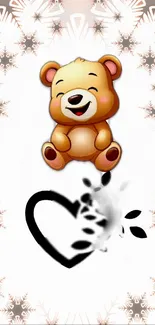 Cute bear with heart and snowflake pattern on mobile wallpaper.