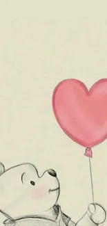 Sketch of bear holding a heart-shaped balloon on a light background.