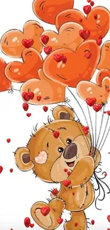 Adorable illustration of a bear holding orange heart-shaped balloons.