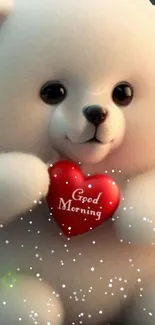 Fluffy bear holding a heart with 'Good Morning' text, on a white background.