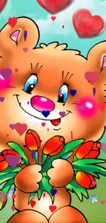 Cute cartoon bear holding flowers with hearts.