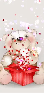 Adorable bear with floating hearts and gift box.