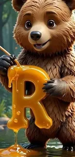Adorable bear holding honey letter in forest.