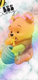 Adorable bear holding honey against a pastel background with pink hearts.