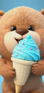 Adorable bear holding ice cream on blue background