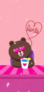 Cute bear with heart love on pink background.