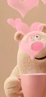Cartoon bear with pink hearts holding a mug.