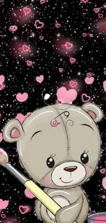 Cute teddy bear with pink hearts and sparkles on black background.