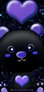 Cute bear with purple heart and stars design wallpaper.