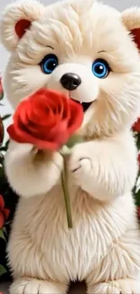 Fluffy bear holding red rose with vibrant roses background.
