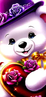Teddy bear with roses and heart in purple hat.