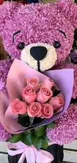 Purple teddy bear holding pink roses, set against a floral background.