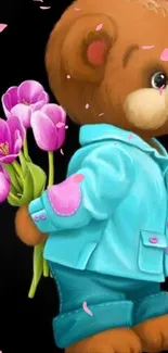 Cute bear in blue jacket with pink tulips on a black background.