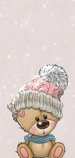 Cute bear with winter hat on soft pink background wallpaper.