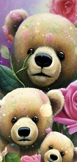 Charming teddy bears with pink flowers in a cute and colorful mobile wallpaper.