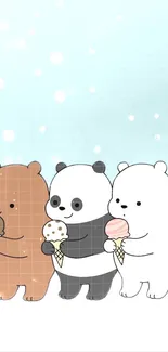 Three cartoon bears eating ice creams on a light blue background.