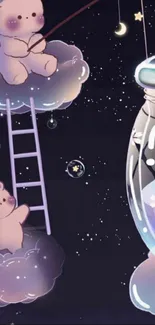 Cute bears on clouds with stars in night sky.