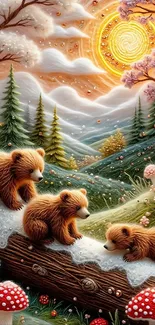Three cute bears in a magical forest under a vibrant orange sky with mushrooms.