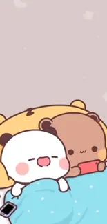 Cute cartoon bears snuggling with a phone on a cozy mobile wallpaper.