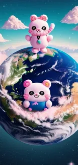 Two cute pink bears sitting on Earth with a fantasy sky background.