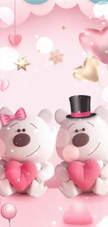 Cute bears with hearts and balloons, pink theme mobile wallpaper.