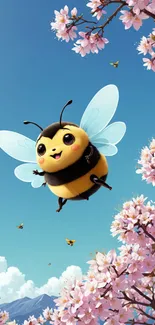 Cute cartoon bee flying among cherry blossoms against a blue sky.