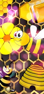 Cute bee and honeycomb mobile wallpaper with bright yellow hues.