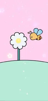 Cartoon bee flying near a daisy on a pink and green background.