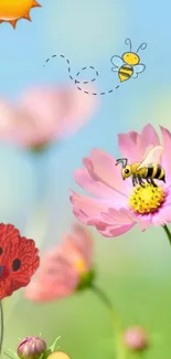 Cartoon bee on pink flower in nature wallpaper.