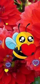 Cute bee holding heart on red flowers background.