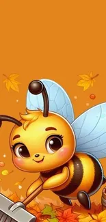 Cute bee sweeping autumn leaves wallpaper