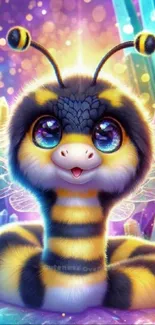 Cute cartoon bee with vibrant wings and a crystal background.