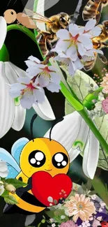 Cute cartoon bee with heart surrounded by spring flowers.