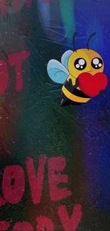 Cute bee holding a heart with whimsical background.