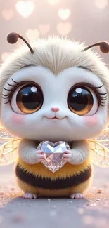 Cute cartoon bee holding a sparkling heart.