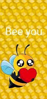 Adorable bee holding a heart with 'Bee you' text on honeycomb pattern background.