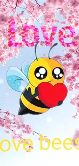 Adorable bee with heart amid pink cherry blossoms for wallpaper.