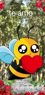 Cute cartoon bee holding a heart amidst a lush forest with roses.