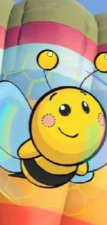 Cute cartoon bee flying over colorful balloons.