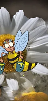 Cartoon bee hovering over white daisy with yellow center in wallpaper.