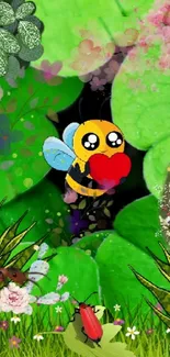 Cartoon bee with heart amidst green leaves and flowers.