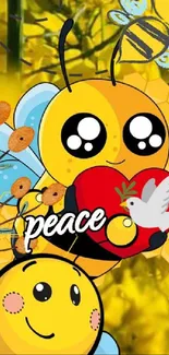 Cute bee with heart and peace symbol on yellow background wallpaper.