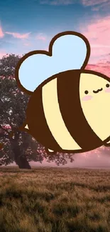 Adorable cartoon bee in a pink sky on a scenic mobile wallpaper.